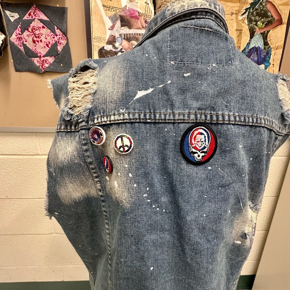 Distressed Denim Vest with Patches and buttons. Custom made.